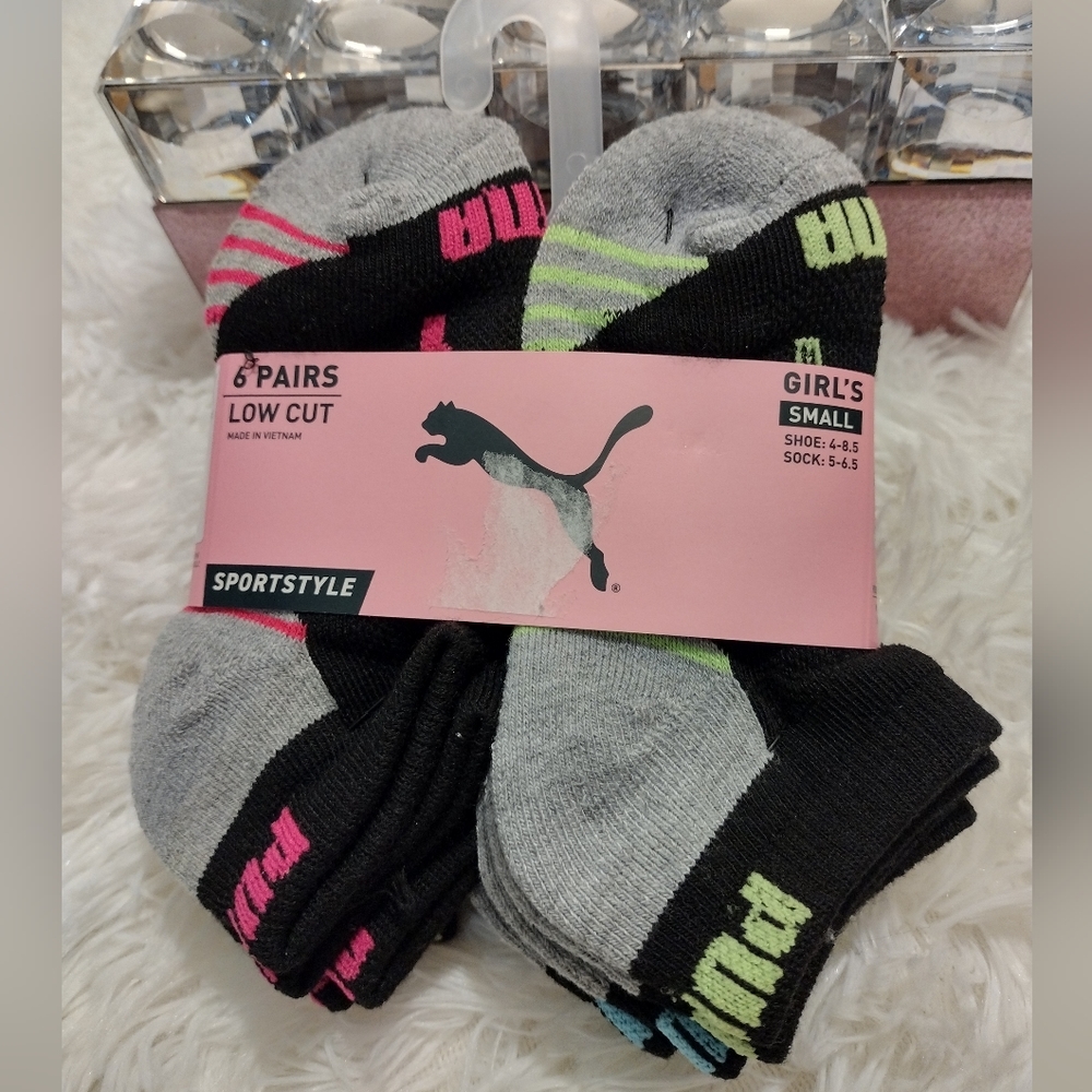 HP 🎉🎉 Puma 6 Pairs Low Cut Sport Style Socks Girl's Small Shoe Size 4-8.5 NWT